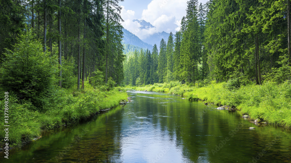 Fototapeta premium serene river flows through lush green forest, surrounded by tall trees and majestic mountains in background, evoking sense of tranquility