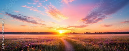 Blooming wildflower sunset reflection on misty pathway with vivid silhouette concept. Breathtaking sunrise illuminating a tranquil meadow landscape.