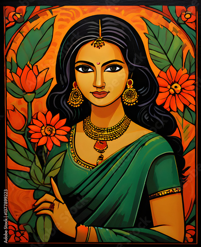 Indian woman in saree, Abstract art, woman with flowers, illustration of a woman,  vector illustration of a woman