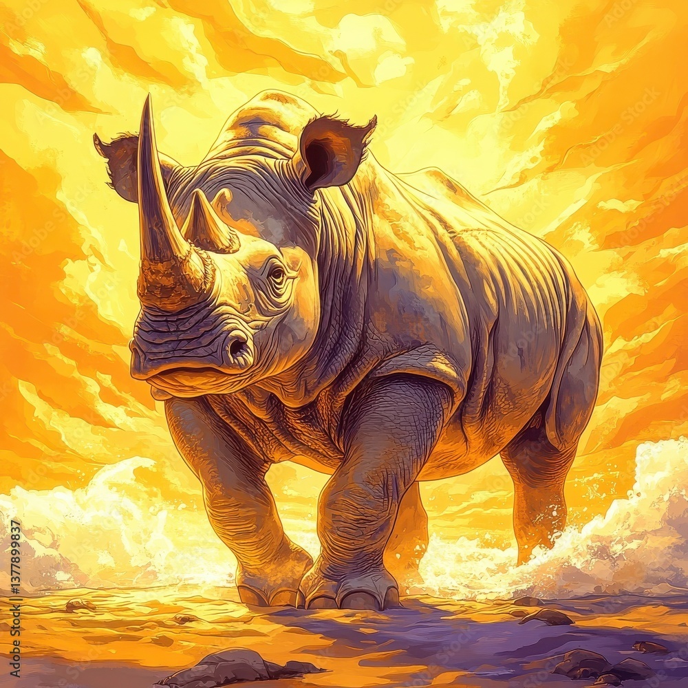 Fototapeta premium Rhinoceros on a serene beach, with waves under a golden sunset.