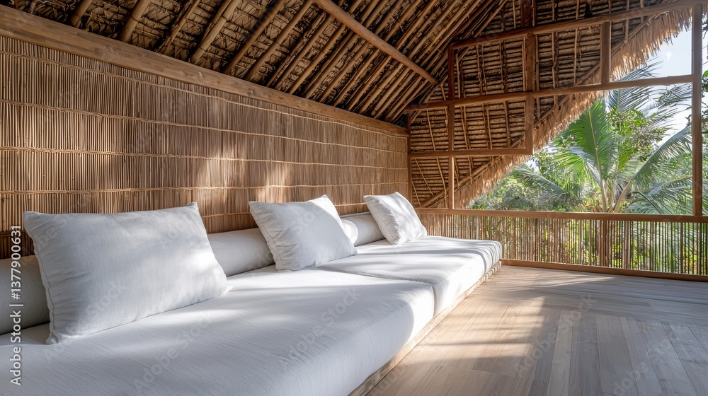 A serene interior space featuring a comfortable, wide seating area surrounded by natural materials and greenery, ideal for relaxation. A serene interior space featuring a comfortable, wide seating area surrounded by natural materials and greenery, ideal for relaxation.
