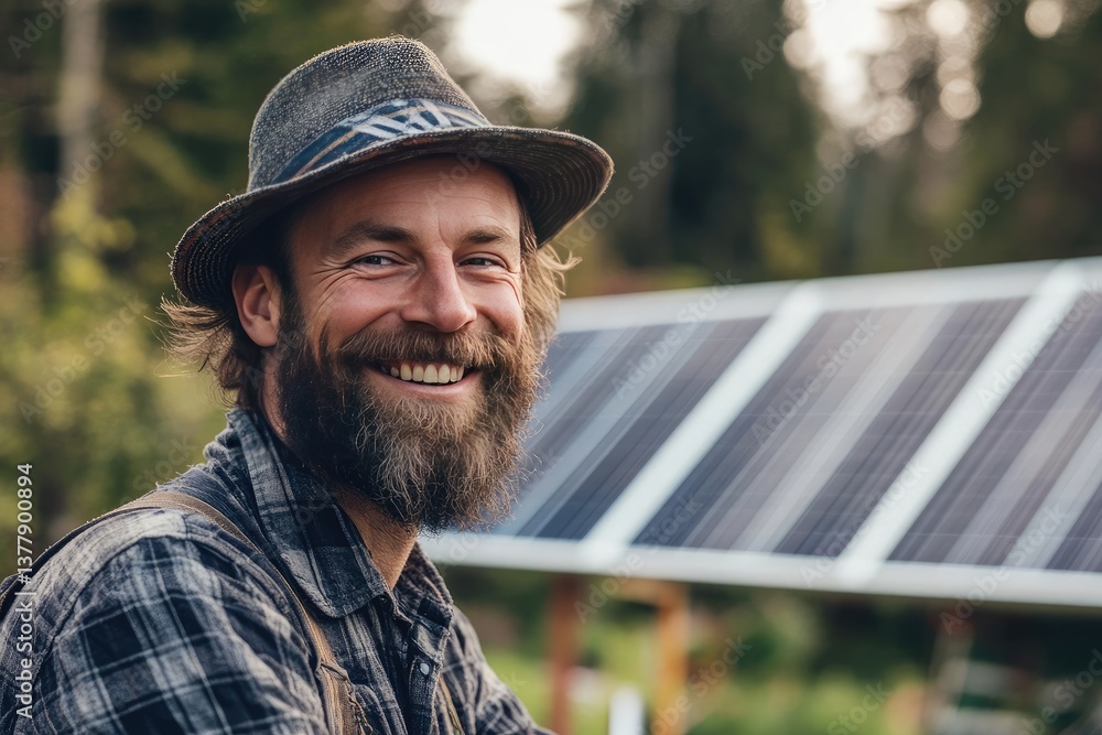 Smiling man with beard and hat, outdoors, near solar panels Smiling man with beard and hat, outdoors, near solar panels
