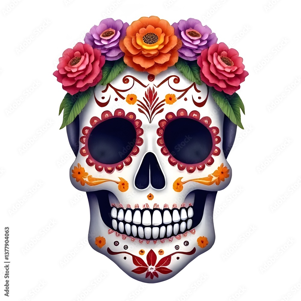 Naklejka premium Skull with Red Poppies – Dark Aesthetic Watercolor Art