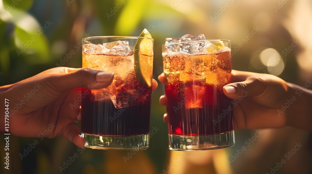 Close-up of hands clinking glasses filled with sparkling beverages in celebration Close-up of hands clinking glasses filled with sparkling beverages in celebration
