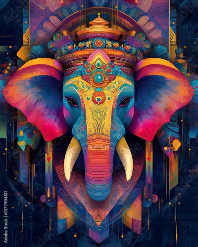 A vibrant and colorful artistic portrayal of an elephant deity