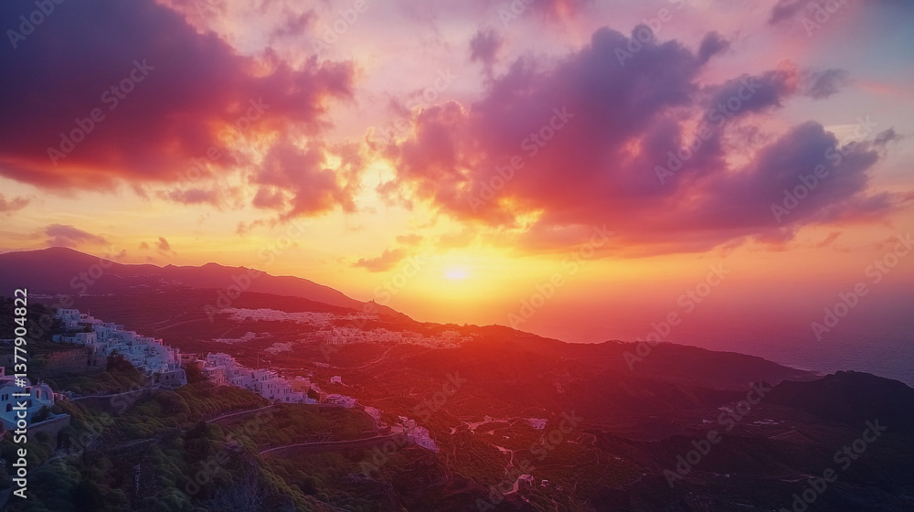 Fototapeta premium Aerial view of a mountain range with a town at sunset under a colorful sky with pink clouds