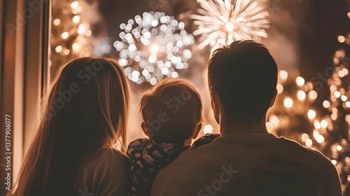 Family gathered in cozy pajamas watching New Year fireworks through a window