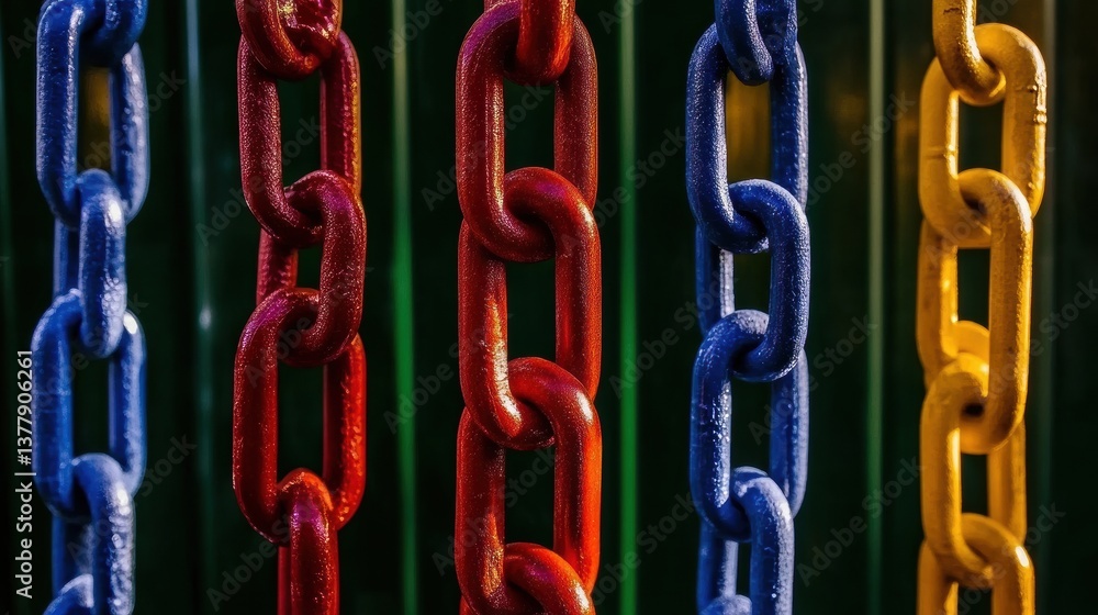 Colorful Metal Chains Against Dark Background Colorful Metal Chains Against Dark Background