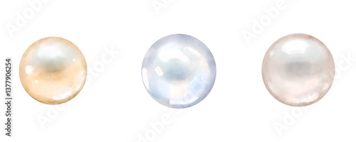 Luminous sea and ocean pearls. Digital watercolor illustration. A set of cute pearls in different shades, highlighted on a white background.