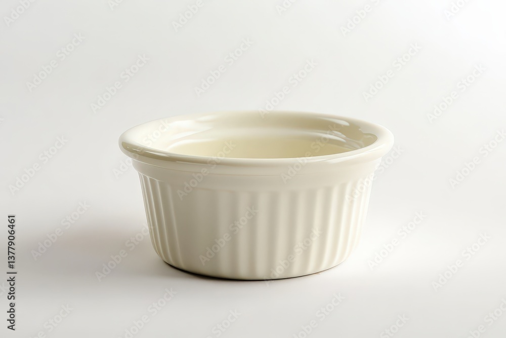 A small empty ceramic ramekin rests against a white background A small empty ceramic ramekin rests against a white background