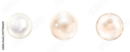 Luminous sea and ocean pearls. Digital watercolor illustration. A set of cute pearls in different shades, highlighted on a white background.