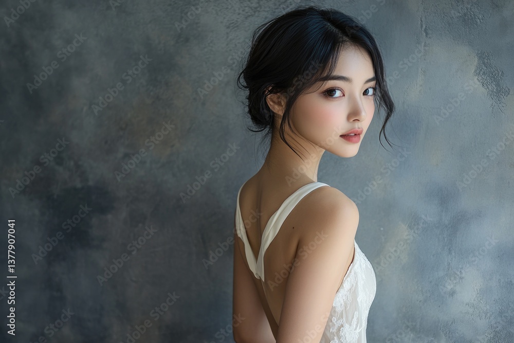 Elegant woman in a bridal gown poses in a soft light against a textured background in a serene indoor setting Elegant woman in a bridal gown poses in a soft light against a textured background in a serene indoor setting