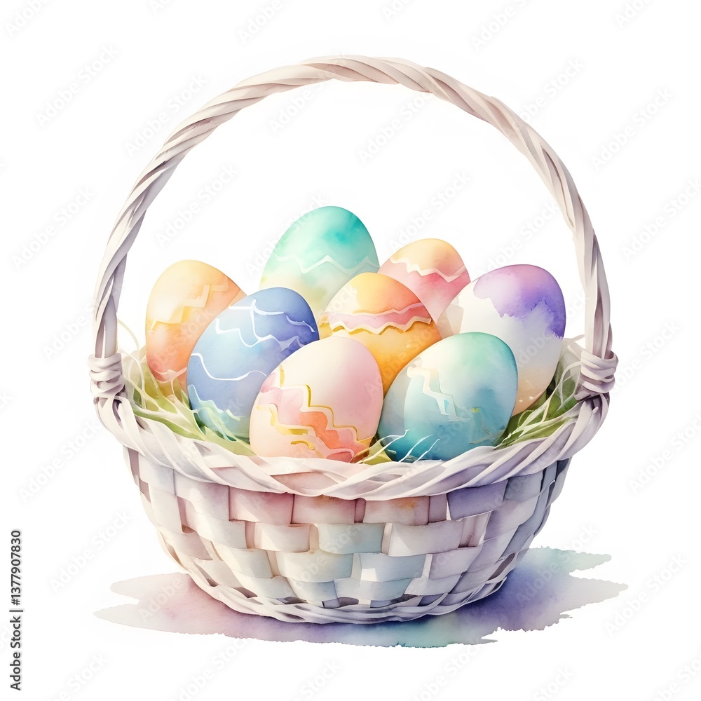 Fototapeta premium Watercolor Easter Basket with Colorful Eggs