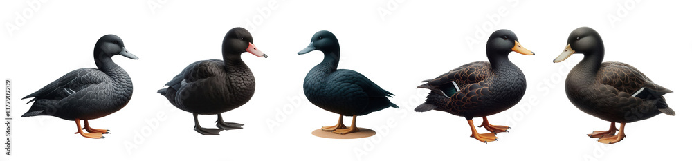 Obraz premium A black duck with a pinkish bill is shown in profile view. transparent background