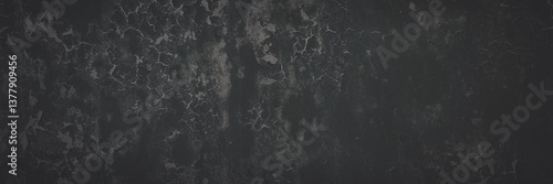Obraz na płótnie Dark wide panoramic background. Peeling paint on a concrete wall. Faded dark texture of old cracked flaking paint. Weathered rough painted surface with patterns of cracks. Shaded background for design w salonie