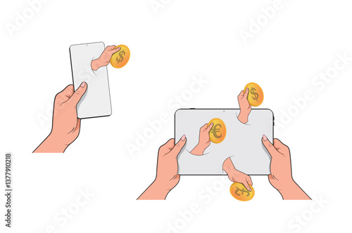 Online work, remote work, receiving salaries online to a card, online wallet. Vector image