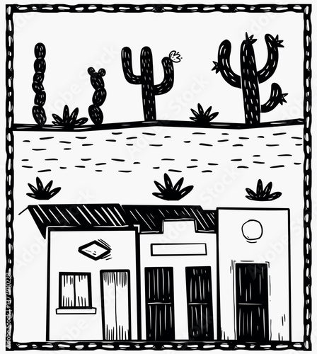 Hand-drawn woodcut illustration of a small town with cacti and rustic houses. Vintage countryside scene in black and white with decorative frame.
