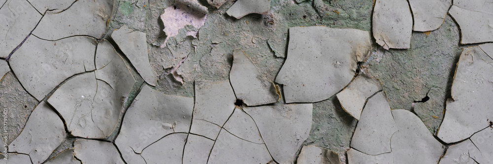 Peeling paint on the wall. Panorama of a concrete wall with old cracked flaking paint. Weathered rough painted surface with patterns of cracks and peeling. Wide panoramic grunge texture for background