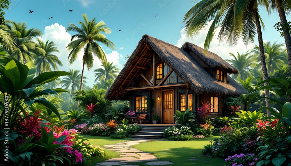 Fototapeta premium Tropical Thatched Cottage Lush Garden Stone Path Sunny Day