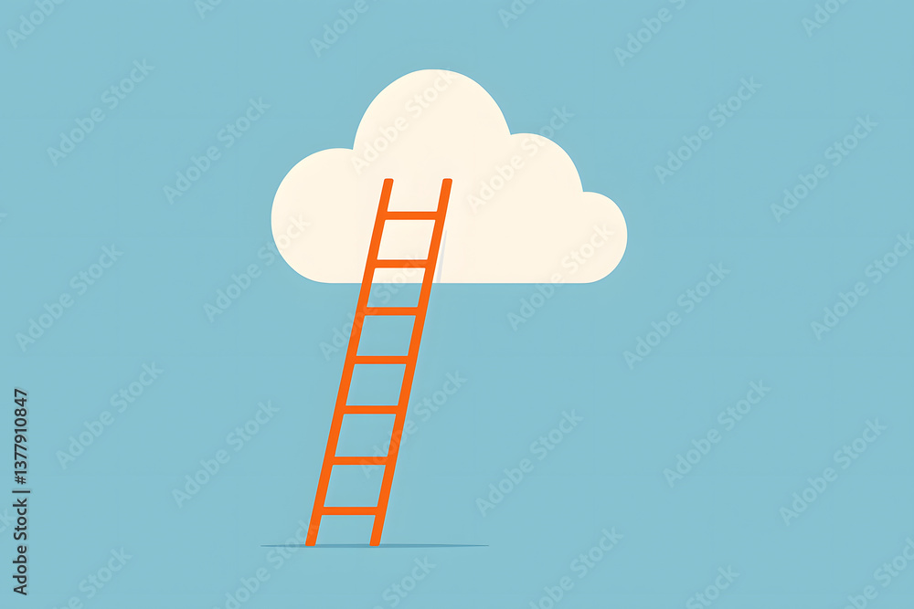 Conceptual illustration of ladder climbing to cloud. Represents ambition, goals, success, growth, progress, opportunity, reaching potential, or achieving dreams. Minimalist flat design vector on blue. Conceptual illustration of ladder climbing to cloud. Represents ambition, goals, success, growth, progress, opportunity, reaching potential, or achieving dreams. Minimalist flat design vector on blue.