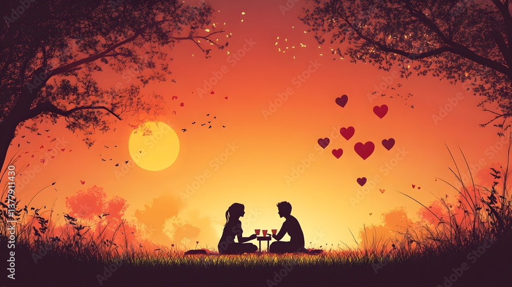 Fototapeta premium Couple enjoying a simple picnic together for a heartfelt Valentine Day celebration