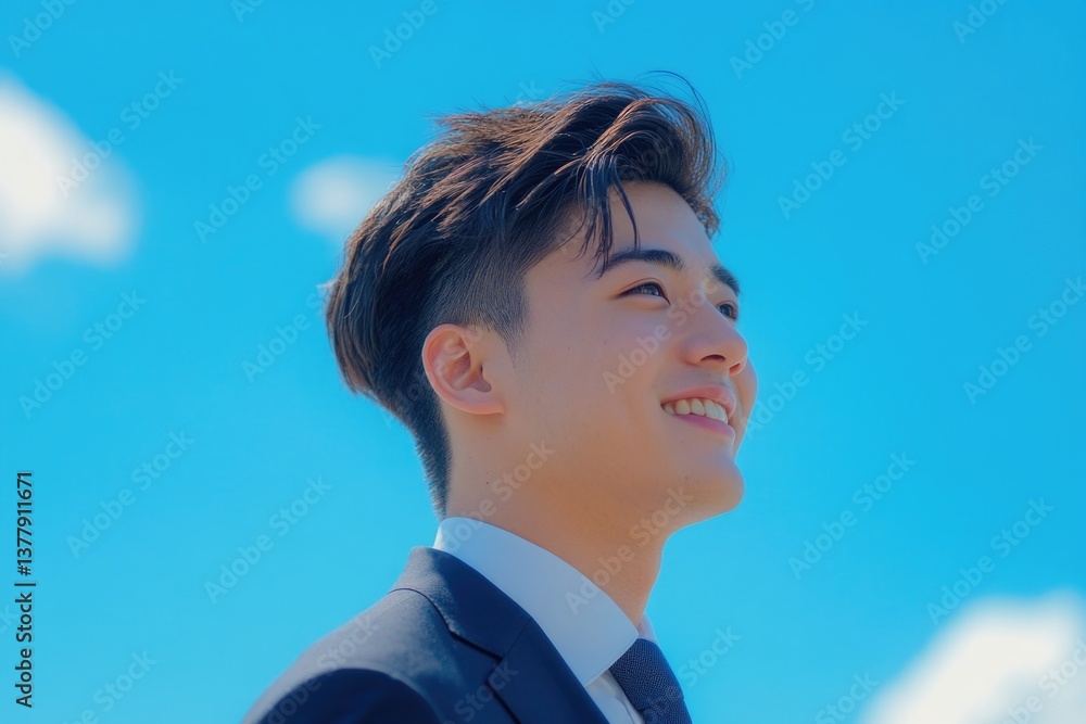 Young man in a suit smiles against a bright blue sky with fluffy clouds on a sunny day Young man in a suit smiles against a bright blue sky with fluffy clouds on a sunny day