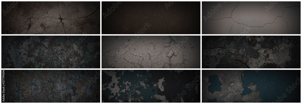 Set of dark panoramic background textures. Collection of wide textures with peeling paint, cracks, rust, scratches, noise and grain. Rough surfaces of old walls. Bundle of backgrounds for design.