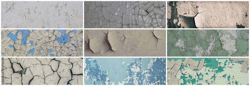 Set of peeling paint textures. Old concrete walls with cracked flaking paint. Weathered rough painted surfaces with patterns of cracks and peeling. Collection of wide panoramic backgrounds for design.