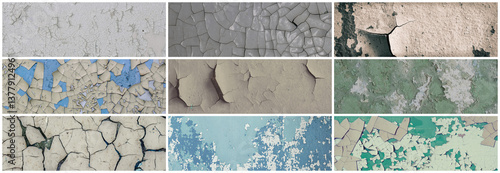 Obraz na płótnie Set of peeling paint textures. Old concrete walls with cracked flaking paint. Weathered rough painted surfaces with patterns of cracks and peeling. Collection of wide panoramic backgrounds for design. w salonie