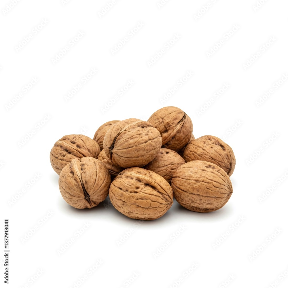 Walnuts forming a small pile on white background Walnuts forming a small pile on white background