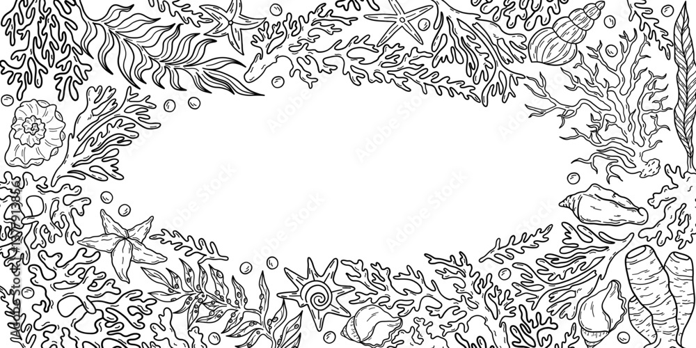 Obraz premium Shells, corals, seaweed and starfish hand drawn, line art border frame, vector illustration isolated on white background.