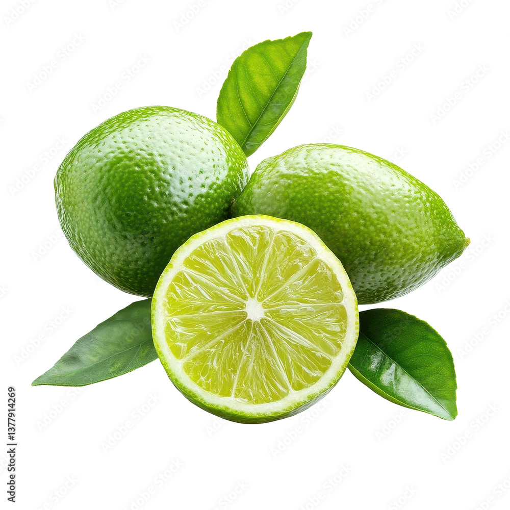 Fototapeta premium Fresh lime with vibrant green leaves, showcasing a slice and half reveal in a bright setting, Natural fresh lime with leaves, slice and half isolated, isolated on Transparent background