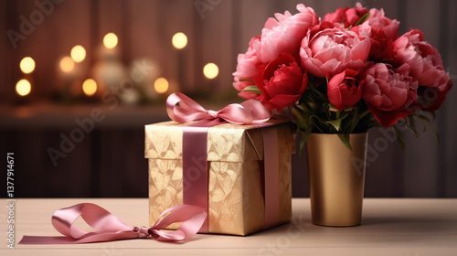 Gift box with pink ribbon and peony flowers bouquet for birthday anniversary valentines day celebration