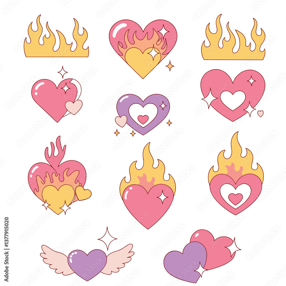 Collection of Cute and Romantic Hearts with Flames, Wings, and Stars Collection of Cute and Romantic Hearts with Flames, Wings, and Stars