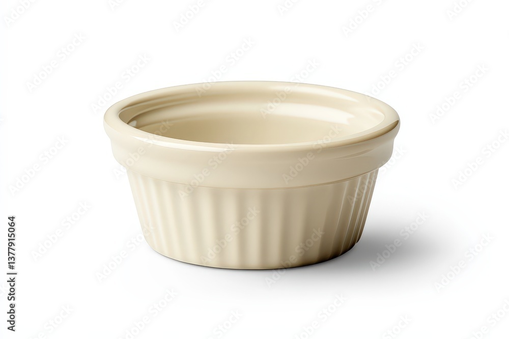 An isolated light cream colored ramekin sitting on a white surface An isolated light cream colored ramekin sitting on a white surface