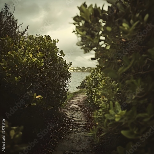 Wallpaper Mural A serene moody scene of a small pathway winding through lush verdant bushes on a cloudy overcast day with dramatic cinematic lighting and shadows creating an ambiance Torontodigital.ca