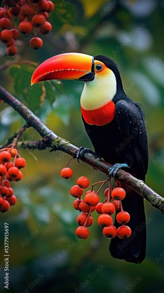 Fototapeta premium Toucan on a tree branch with fruits animal nature plant.