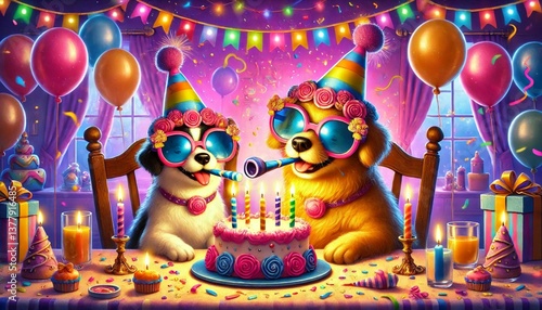 Cute Dogs Celebrating Birthday Party – Colorful Cartoon Illustration