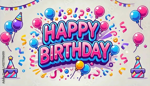 Colorful Cartoon Happy Birthday Text with Balloons and Confetti – Vector Illustration