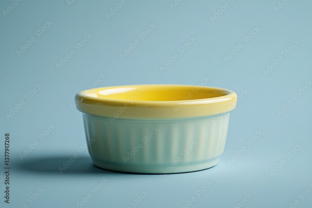 A small ramekin with yellow and blue color composition A small ramekin with yellow and blue color composition