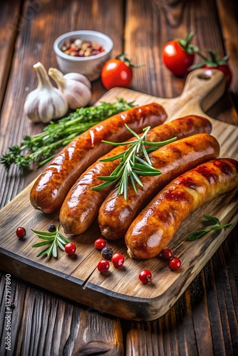 Juicy Grilled Sausages on Rustic Wooden Board – Appetizing Food Photography