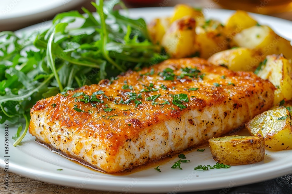 Succulent Salmon Fillet Dish Accompanied by Roasted Potatoes and Fresh Arugula Succulent Salmon Fillet Dish Accompanied by Roasted Potatoes and Fresh Arugula