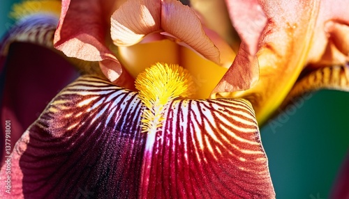 close up of vinous and yellow iris petal with stamen