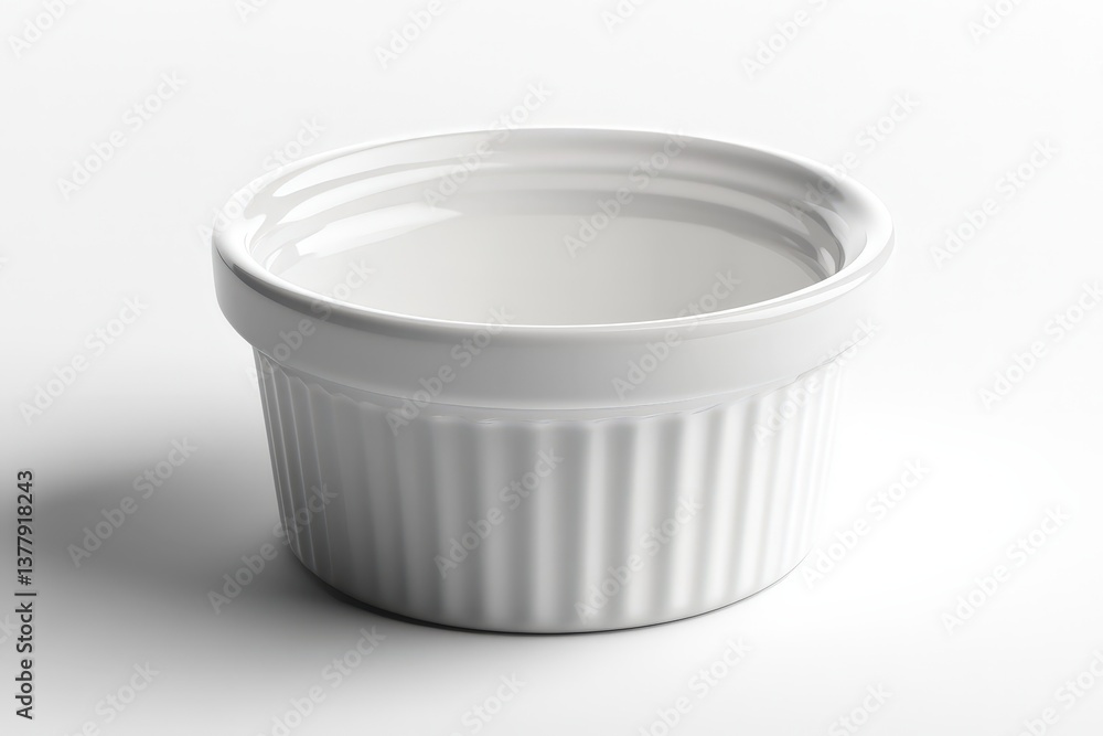 A white ceramic ramekin pot placed on a plain white surface A white ceramic ramekin pot placed on a plain white surface