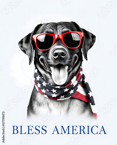 A cheerful Labrador Retriever with refined features, wearing red sunglasses and an American flag scarf, 14th for july celebration. Below, the phrase 
