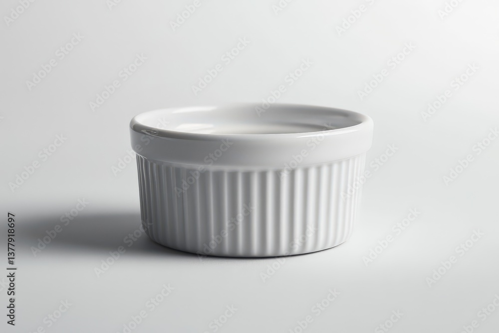 A single white ramekin sits on a clean neutral colored surface A single white ramekin sits on a clean neutral colored surface