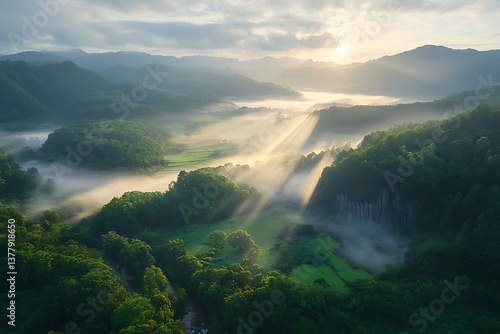 Sunrise Rays Illuminate Misty Mountain Valley.