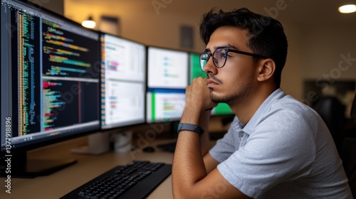 Focused Young Male Programmer Working Late at Night on Multiple Computer Screens