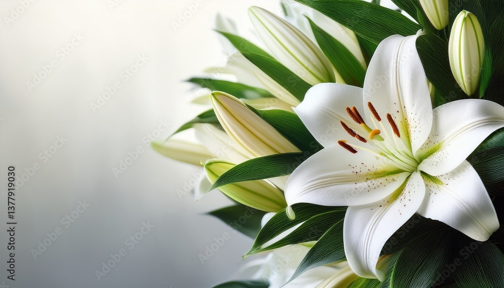 Obraz premium white lily bouquet with green leaves and delicate petals