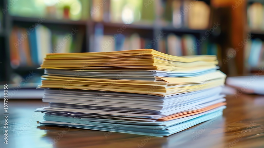 A stack of printed paper documents on a wooden table in a home office or library. The background is blurry and contains a bookshelf. A stack of printed paper documents on a wooden table in a home office or library. The background is blurry and contains a bookshelf.